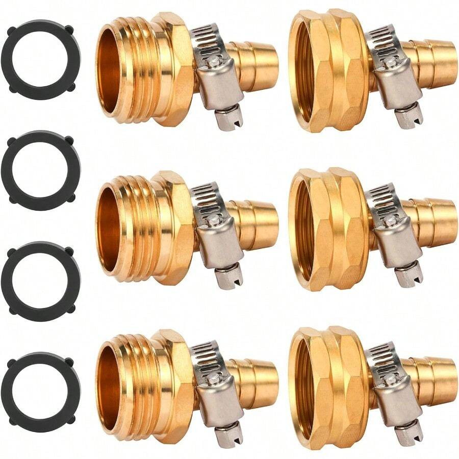 Brass Garden Hose Connector Repair Mender Kit With Stainless ClampFits 1/2" Water Hose Fitting 3 Sets 1/2" Barb X 3/4" GHT - 適用於 1/2 英吋軟管(母頭和公頭) - 查看 1