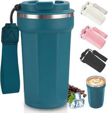 MOYAC Taza Termo de Café de 510 ml, Termo Cafe de Viaje con Cordón de Acero Inoxidable, Termo al Vacío para Conservación del Calor y el Frío, Adecuada para Preparar Leche, Café, Té (Negro) - AZUL - Ver 13