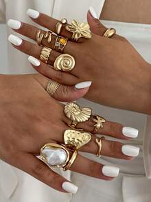 14 Pieces/Set Of Retro Flower Rings, Fashionable Bohemian Conch And Starfish Personalized Ring Set