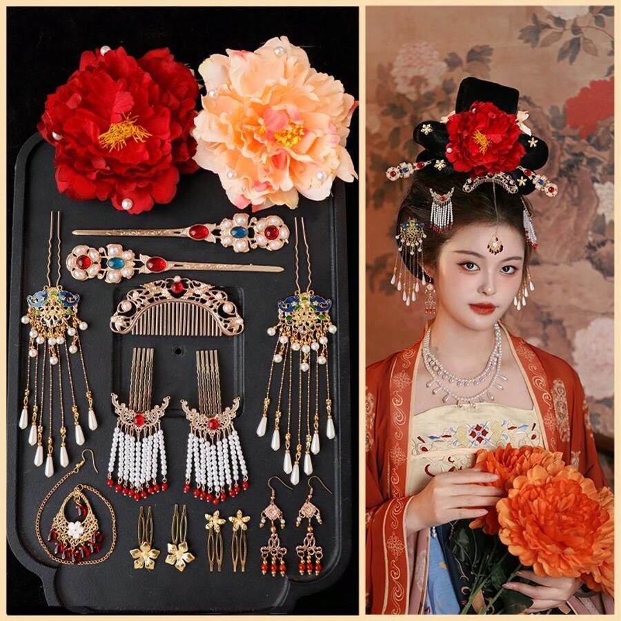 中国の漢服の女性用帽子、古代スタイルのアクセサリー、金色のヘアコーム、唐風の真珠の隠しヘアピン、多用途のバックプレスヘアピンセット - アクセサリーセット(TZセット273) - チェックする 1