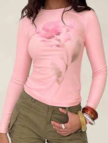 Women's Spring Fall Floral Tops Long Sleeve Round Neck Slim Fit Blouse For Party - Pink - View 2
