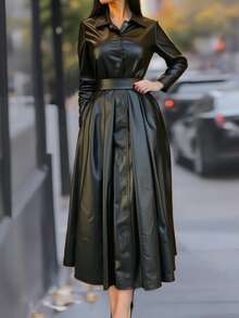 女士优雅长裙，纯色单排扣长袖系带连衣裙，无口袋，适合节日派对穿着，黑色 - 黑色 - 查看 2