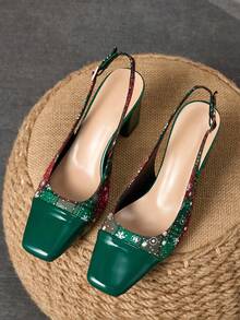 WHDXY 1 paire de talons hauts à bout fermé avec design flocon de neige pour femmes, talons aiguilles sexy de 7 cm, chaussures de soirée de base à enfiler pour le bureau, les hôtesses de l'air, les fêtes - Vert - Voir 2