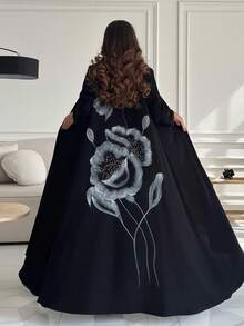 Women's Long Sleeve Kaftan Robe, Black Woven Fabric, Hand-Painted Floral Pattern, Loose Long Style Spring - Black - View 4
