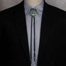 8pcs Unique Bolo Tie, Comfortable Sweater Chain, Turquoise, Korean Wax Line Necklace, Geometric Pattern Feather Pendant Brooch