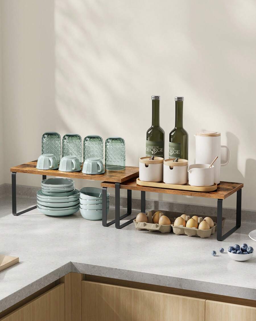 Cabinet Organizer Shelf, Set Of 2 Kitchen Counter Shelves, Kitchen Storage, Spice Rack, Stackable, Expandable, Metal And Engineered Wood, Ink Black And Rustic Brown - 棕色 - 查看 1