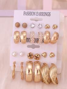 24-12pcs Fashionable & Elegant Heart Shape And Striped Women Metal Earrings Set, Rhinestone Inlaid Earrings And Simple Stud Earrings, Suitable For Daily Life And Summer Vacation Wear