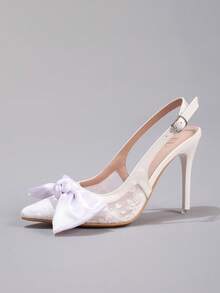 蕾丝拼布蝴蝶结尖头高跟鞋，性感白色婚鞋，超高跟时尚正式派对凉鞋，女士 - 白色 - 查看 12