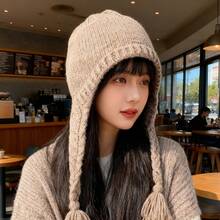 Autumn Winter Gentle Style Knitted Earflap Hat With Tassel Decoration, Warm Face-Slimming Cold Hat, Autumn Winter Cold-Proof Warm Earflap Knitted Hat, Outdoor Tie-Up Head Wrap Versatile Pullover Hat - Màu Đỏ Sâu - Xem 5