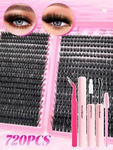 720 piezas Kit de racimos de pestañas 80D 100D Pestañas voluminosas y esponjosas, extensiones de pestañas postizas livianas y cómodas, fáciles de aplicar y retirar, reutilizables y duraderas, incluye pegamento, pinzas y cepillo para un uso conveniente, ideal para principiantes - Negro - Ver 6