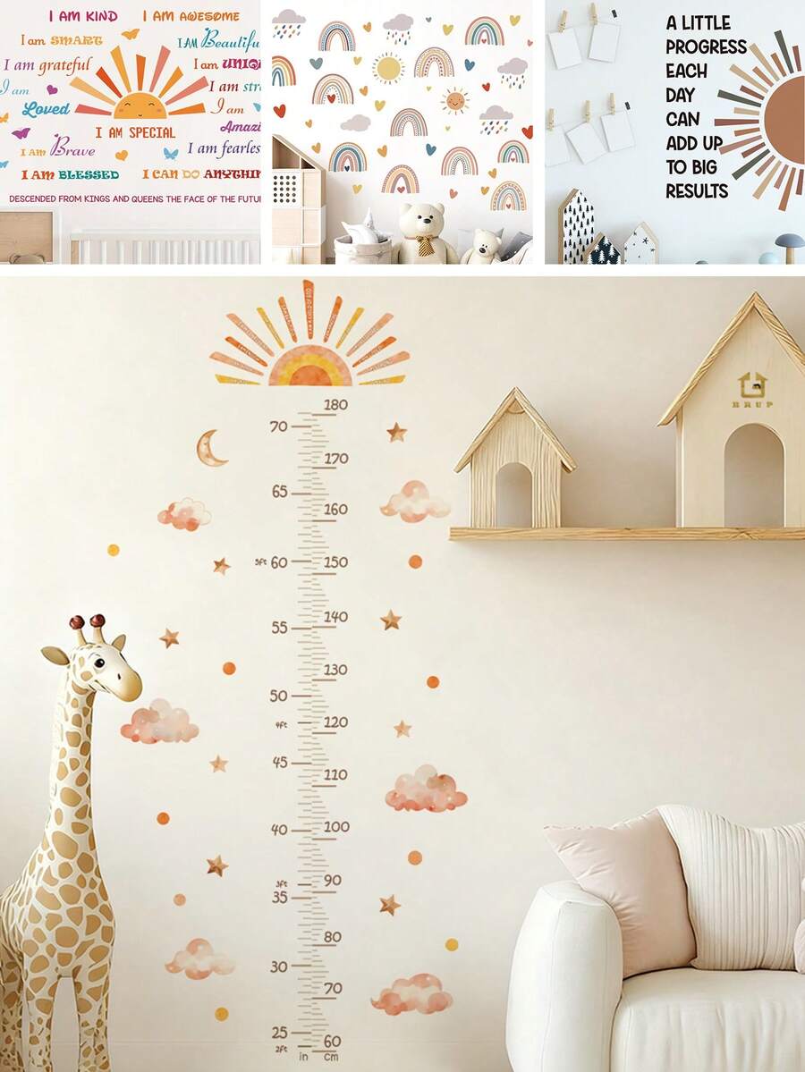1Pc ​Sun And Clouds Growth Chart Wall Decal, Kids Height Measurement Sticker With Inspirational Quotes, Rainbow Nursery Wall Art Decor For Boys And Girls Room, Peel And Stick Removable Wall Paper​ - Multicolor - View 1