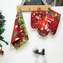 3pcs/Set Christmas Snowman Heat Resistant Oven Gloves & Pot Holder, Thick Baking Gloves & Microwave Oven Mitts, Christmas Series Anti-Scald Gloves