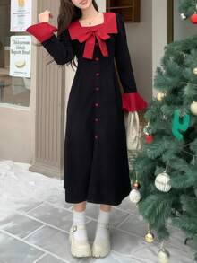 1 件时尚黑色束腰连衣裙，学院风百搭女士连衣裙，秋冬 - 黑色 - 查看 7