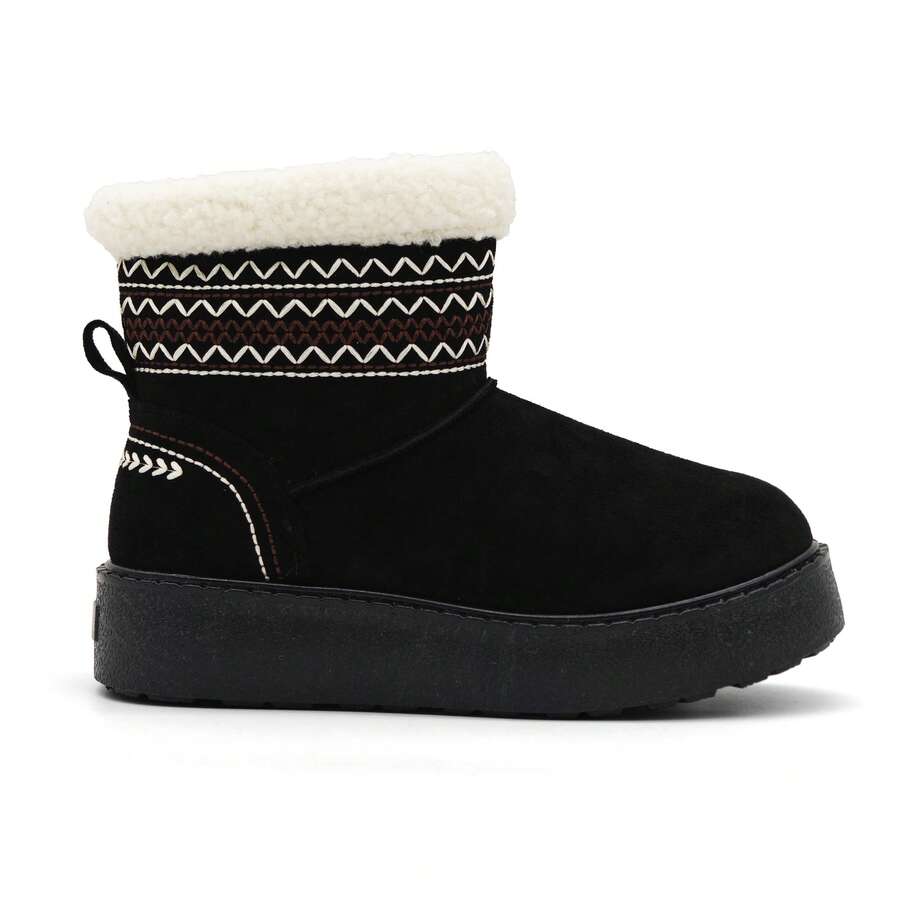 RevReaL Cozy Tan Winter Boots with Faux Fur Lining and Embroidered Design - 黑色 - 查看 1