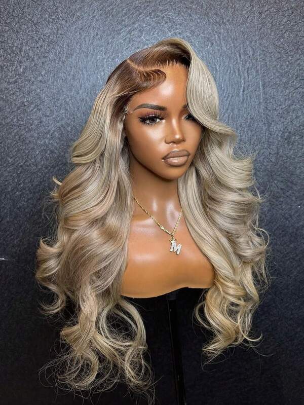 Ombre Silvery Ash Blonde With Dark Roots Lace Front Wig - Human Hair 13x4 HD Body Wave Lace Wigs Platinum Blonde Lace Frontal Wig With Dark Ash Roots/ Rooted Blonde Human Hair Wig Blonde Bouncy Wavy Wig