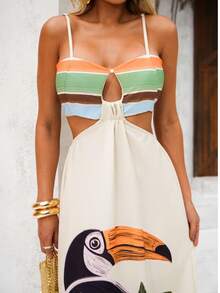Vestido Longo Estampado Tucano Tropical com Alça Fina e Recorte Frontal PRIMAVERA VERÃO - VERDE PISTACHE - Visão 2