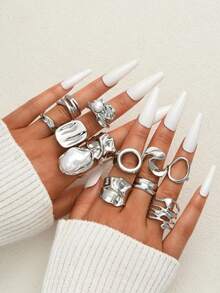 30pcs Exaggerated Chunky Vintage Coin Style Asymmetrical Metal Rings Set, Suitable For Women, Couples, Vacation, Date, Daily, Party, Gift For Mom, Friends