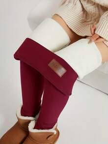2025 End-Of-Year Must-Have Premium Women's Apparel Velvet Leggings For Women Solid Color Tights High Elastic Yoga Fitness Pants Outdoor Running Pants Warm Pants,Fleece-Lined Interior, Soft And Warm; Outer Layer With Denim-Like Texture, Fashionable And Durable,High-Waisted To Flatten The Tummy And Lift The Hips For A Slimming Effect; Side "FASHION" Leather Label Adds A Stylish Touch,Skinny And Stretchy, Hugs The Leg Lines To Shape The Legs,Strong Warmth Retention, Suitable For Autumn And Winter; Versatile And Practical, Matches Various Tops,Casual Daily Wear, Combining Fashion And Comfort, Creating A Slimming And Versatile Look - Đỏ - Xem 2