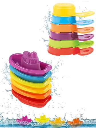 6 件/12 件彩虹色堆叠船沐浴玩具，适合幼儿，沙滩玩具 - 水勺/带音乐的夏季水上游戏 - 儿童复活节礼物，