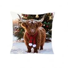 1 pieza Funda de cojín con estampado de vaca de las tierras altas navideña, funda de cojín para decoración navideña del hogar. Usar esta funda de cojín puede hacer que tu hogar se vea talla grande elegante y amigable con los animales.