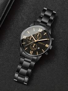 Set de 4 relojes de cuarzo de moda casual con caja redonda, gran valor, conjunto de relojes de pulsera para jóvenes, correa de acero y piel de PU, diseño de calendario, adecuado para uso diario, fiesta, regalo, cumpleaños, Navidad