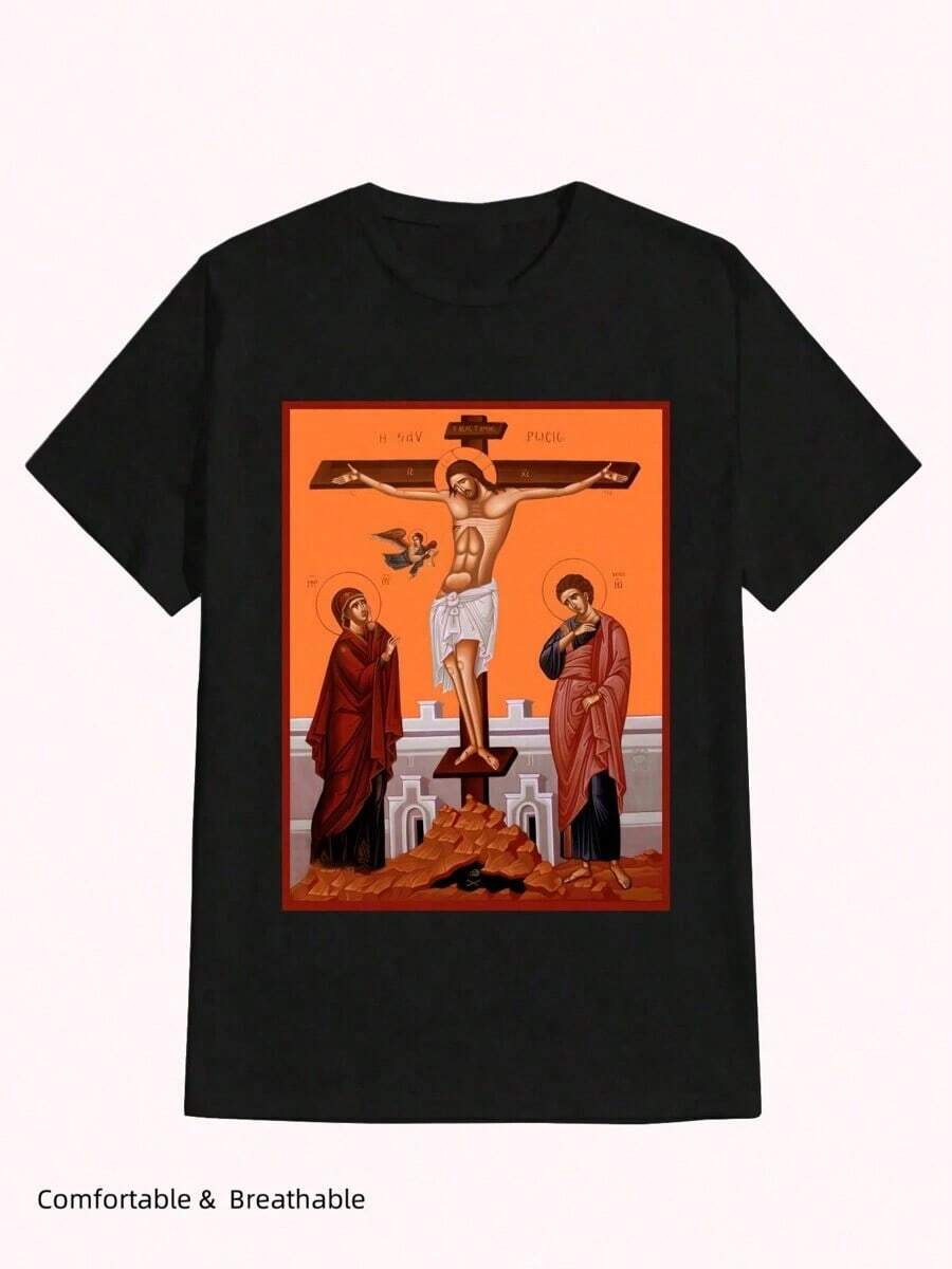 Jesus Christ Pantocrator Orthodox Byzantine Icon Casual PrintComfortable And VersatileLetter Pattern Pure Cotton 180g Printed T-Shirtgraphic Tees Men Shirts Streetwear White Shirt Black Shirt - 黑色 - 查看 1