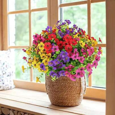 4/5/8/10 件多色假花户外装饰，抗紫外线塑料人造绿化灌木植物，适用于家庭室内外花园窗台门廊盆栽春夏四季装饰、情人节、礼物