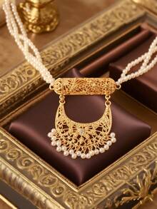 Herseygold 1pc Gold-Plated Crescent Moon Pendant Pearl Necklace, Middle Eastern Luxury Bridal Necklace, Arabic Wedding Festival Jewelry Gift For Women