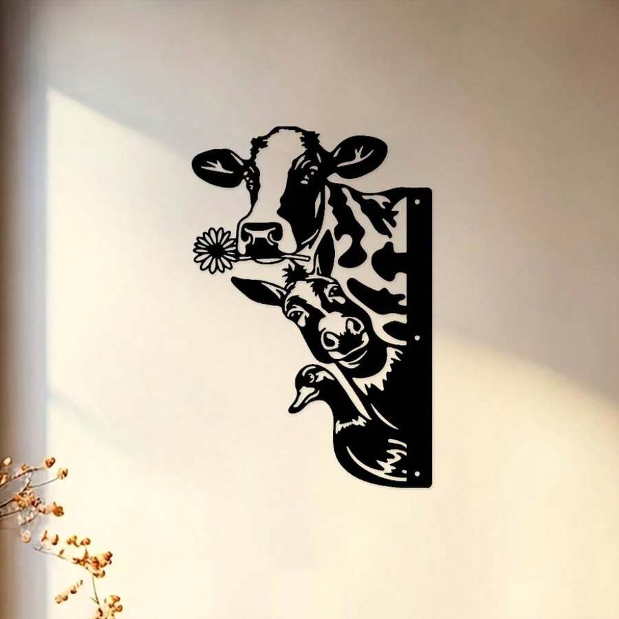Farm Animal Metal Wall Decor- Peekaboo Cow, Donkey& Duck Signs, Creative Metal Signs, Simple Maintenance, Metal Signs Wall Decor, Gift For Birthday, Coffee Bar Accessories - màu đen - Xem 1