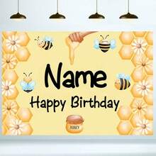 1 szt. personalizowany baner urodzinowy z imieniem, dekoracja tła, motyw pszczół i kwiatów, nadaje się do użytku wewnątrz i na zewnątrz
