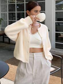 Livesso Drop Shoulder Fluffy Knit Button Front Cardigan,Long Sleeve Tops,Fall Clothes Jacket - Beige - View 9