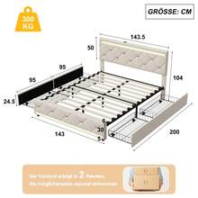 LIVLUX Bett 160 x 200 cm mit LED- und USB-Rahmen, gepolstertes Doppelbett mit 4 Schubladen, Stauraum und verstellbarem Kopfteil, geeignet für Erwachsene und Jugendliche (Weiß, 140 x 200 cm)