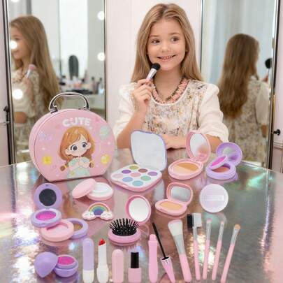 Kinder Rollenspiel Make-up Spielzeug Set, Kosmetik Zubehör Spielset, Make-up Handtasche Spielzeug für Mädchen 3-6 Jahre, geeignet als Geburtstags-, Halloween-, Weihnachtsgeschenk