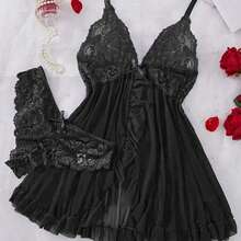 SOFUSEN 3pcs/Set Women Sexy Deep V Lace Lotus Lingerie Set, Versatile Sexy Sleepwear For Bedroom, Bathroom, Party - Black - View 8