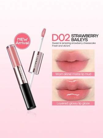 MISTINE Brillo de labios de doble extremo 1.5g+1.5g Fijador de color Glaseado hidratante para labios Gelatina para labios Hidratante Tinte de labios de uso múltiple Aspecto natural D02 Fresa Baileys