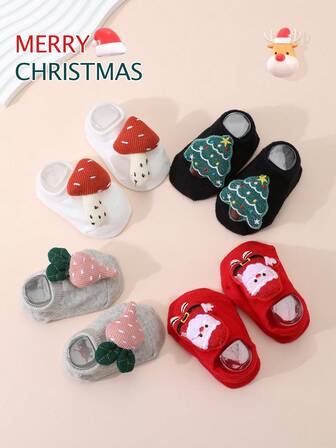4 双婴幼儿圣诞人物装饰踝袜，适合秋冬季、圣诞节、新年宝宝