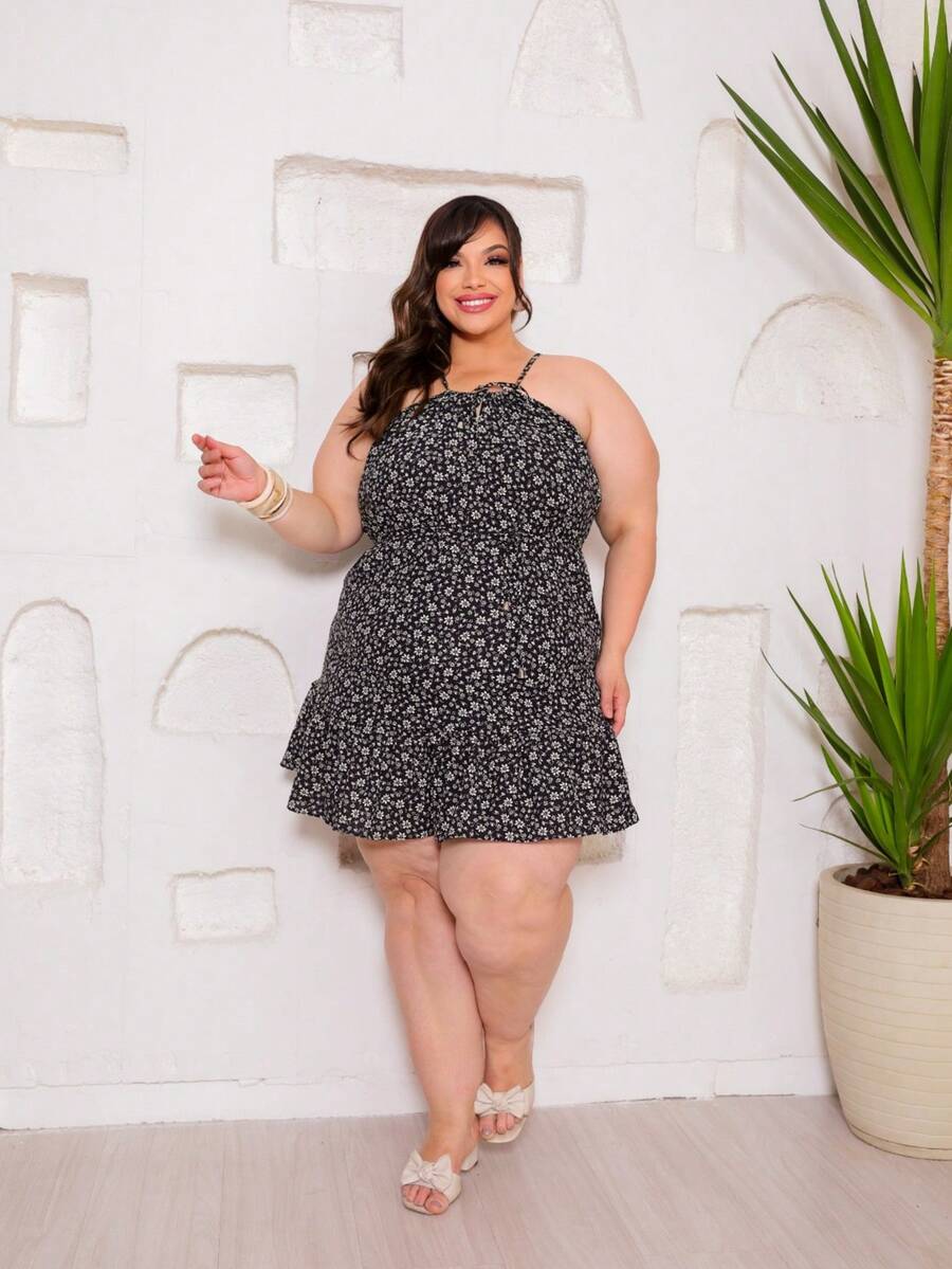 DRESS All-Over Print Flowers Ruched Ruffled Hem Holiday - Printed Black - View 1