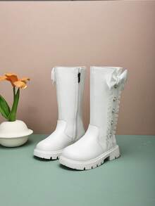 زوج من بوت الأميرات للبنات مزينة بالخرز والدانتيل والفيونكة، ذات نعل سميك وسحاب جانبي، طراز أميرة، مناسبة للاستخدام اليومي والمدرسة وحفلات الأميرات والموضة (لون البطانة عشوائي أسود أو أبيض)