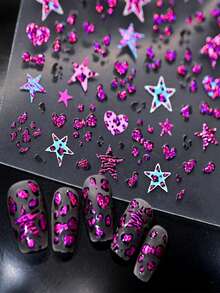 1 pieza Pegatinas de uñas con brillo 5D de estampado de leopardo, decoraciones de uñas con brillo/estampado de leopardo, estrellas, corazones, lazos, arte retro Y2K autoadhesivo para manualidades de manicura de Halloween y Navidad, suministros para uñas
