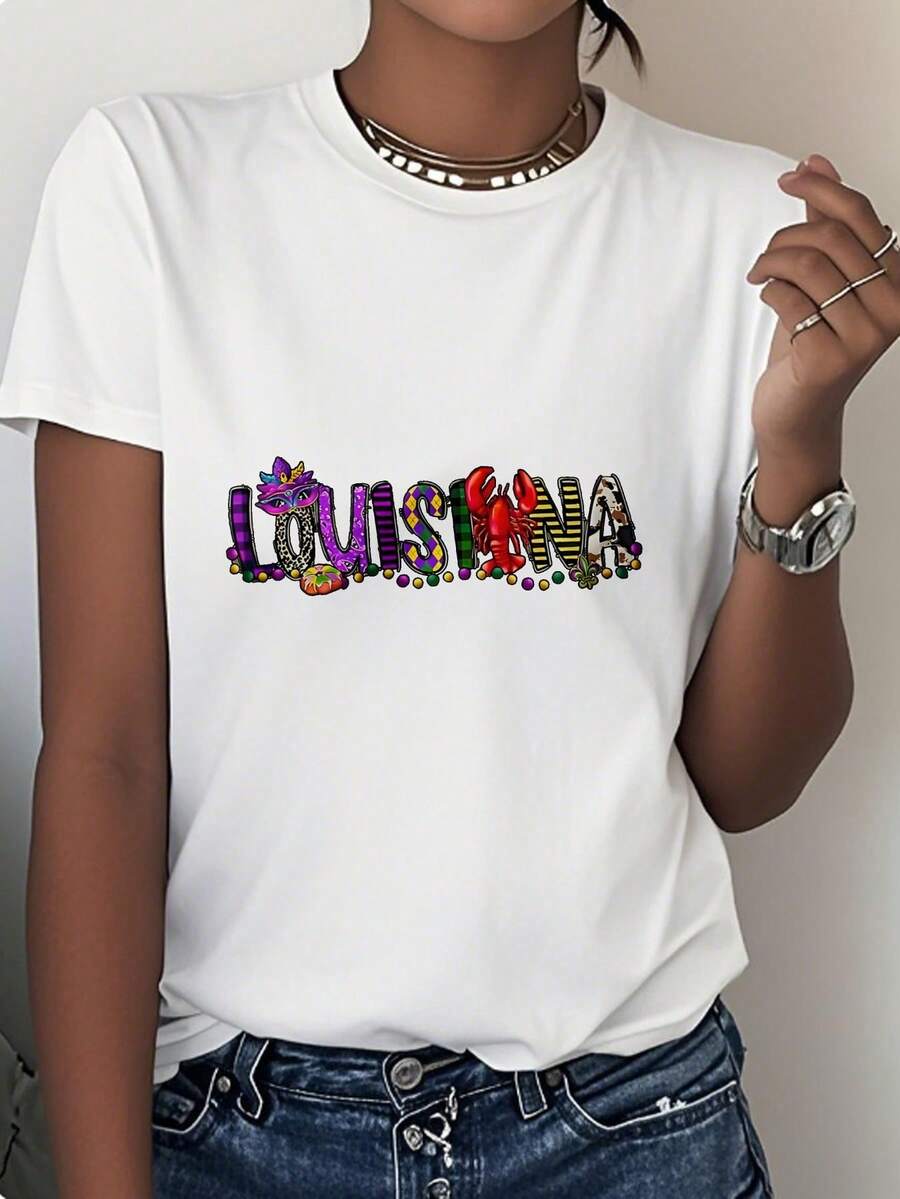 Black T-Shirt With Louisiana Mardi Gras Theme Print For Women, Casual Streetwear Top Perfect For Festivals And Everyday Wear - trắng - Xem 1