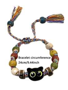 2 piezas Pulsera de mujer de cerámica con diseño único de gato esqueleto, pulsera de pareja con cuentas de borla de color dulce, adecuada como regalo para otros