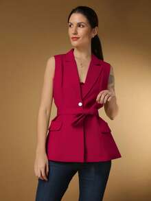 Steve Store Women's Fashion Tailored Blazer Vest Long With Formal Belt - 紅色 - 查看 2