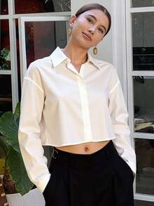 Livesso Solid Drop Shoulder Shirt,Fall Women Clothes Long Sleeve Top - White - View 3
