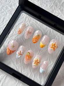 10片装3D杏仁形手工美甲贴纸，橙色，法式贝壳捏花设计，3D立体雕刻，光滑亮泽，适合女孩日常、派对、海滩度假、节日美甲装饰，女孩礼物 - 彩色 - 查看 4