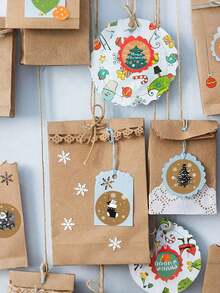 500 buc/rolă bandă autoadezivă din hârtie kraft pentru Crăciun, 10 modele de desene animate, inclusiv reni, oameni de zăpadă, Moș Crăciun, șosete, brad de Crăciun, potrivită pentru Crăciun, Anul Nou, petreceri de iarnă, împachetare cadouri, scrapbooking, decorațiuni DIY, artă colaj, rolă de autocolante din PVC