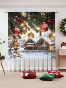 1 pieza Cortina transparente decorativa navideña, adecuada para sala de estar, dormitorio, cocina, fiesta navideña, árbol de Navidad, luces de Navidad, globos dorados, ramas de Navidad, 100g/㎡