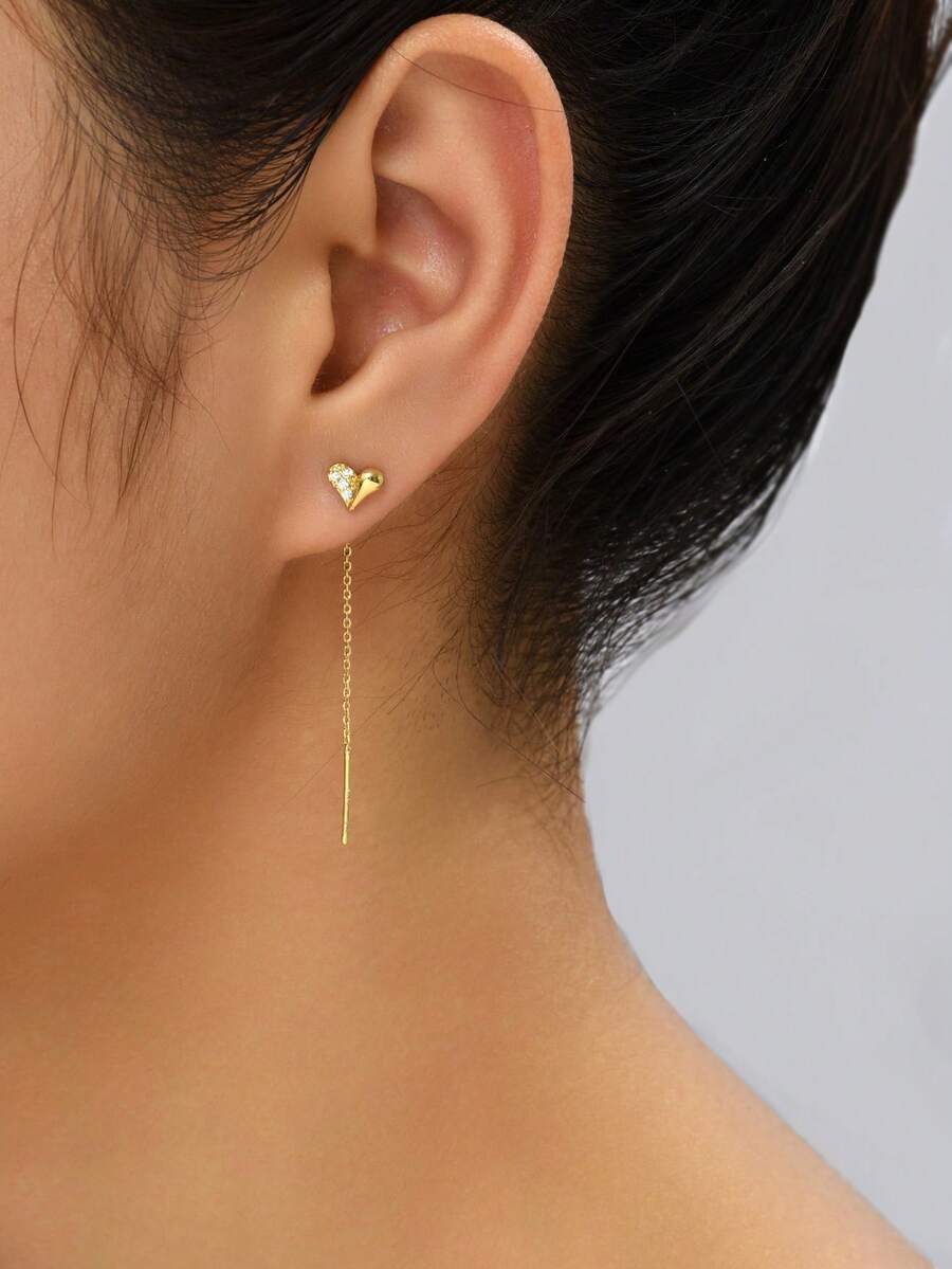 Nooxian 1 对时尚优雅精致微镶嵌锆石心形流苏吊坠耳环女士 - 金黃色 - 查看 1