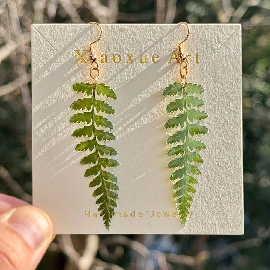 Genuine Green Leaf Earrings, Handmade Pressed Plant Leaf Earrings, Dried Leaf Resin Earrings With Dangling Design, Women's Handmade Jewelry, Birthday And Holiday Gift For Her - 一對 - 查看 1