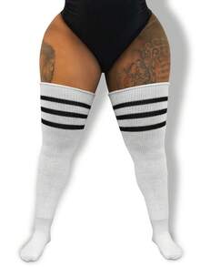 1 双加大码女式条纹过膝袜，彩色条纹过膝袜，大码女式运动腿套，角色扮演动漫袜 - 多色 - 查看 3