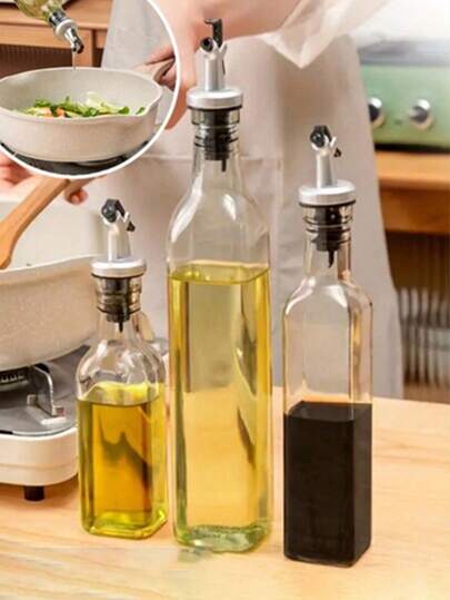 1pc Square Transparent Glass Oil Bottle, Japanese Style Household Oil Pot, Kitchen Airtight Soy Sauce Vinegar Alcohol Spice Filling Bottle, Olive Oil Bottle, Sauce Dispenser, Kitchen Seasoning Storage Jar, Glass Bottle